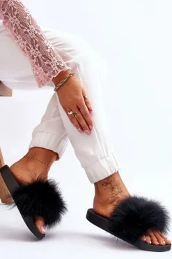 New Boto Damskie Gumowe Klapki Z Futerkiem Czarne Lucrece Czarny