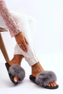 Boto Damskie Gumowe Klapki Z Futerkiem Szare Lucrece