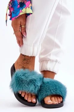 Online Damskie Gumowe Klapki Z Futerkiem Turkusowe Lucrece Damskie Klapki Z Futerkiem|Klapki Damskie Klasyczne