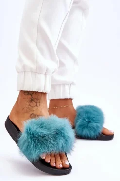 Online Damskie Gumowe Klapki Z Futerkiem Turkusowe Lucrece Damskie Klapki Z Futerkiem|Klapki Damskie Klasyczne