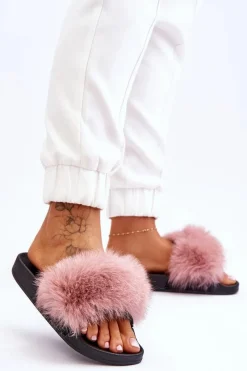 Outlet Damskie Gumowe Klapki Z Futerkiem Różowe Lucrece Damskie Klapki Z Futerkiem|Klapki Damskie Klasyczne