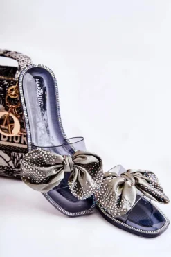 Best Damskie Gumowe Klapki Z Kokardą Czarno-Szare Meriden Damskie Klapki Damskie Klasyczne