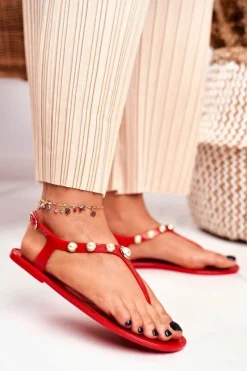 Best Damskie Gumowe Sandałki Czerwone Japonki Perełki Denise Damskie Sandały Gumowe|Sandały Płaskie