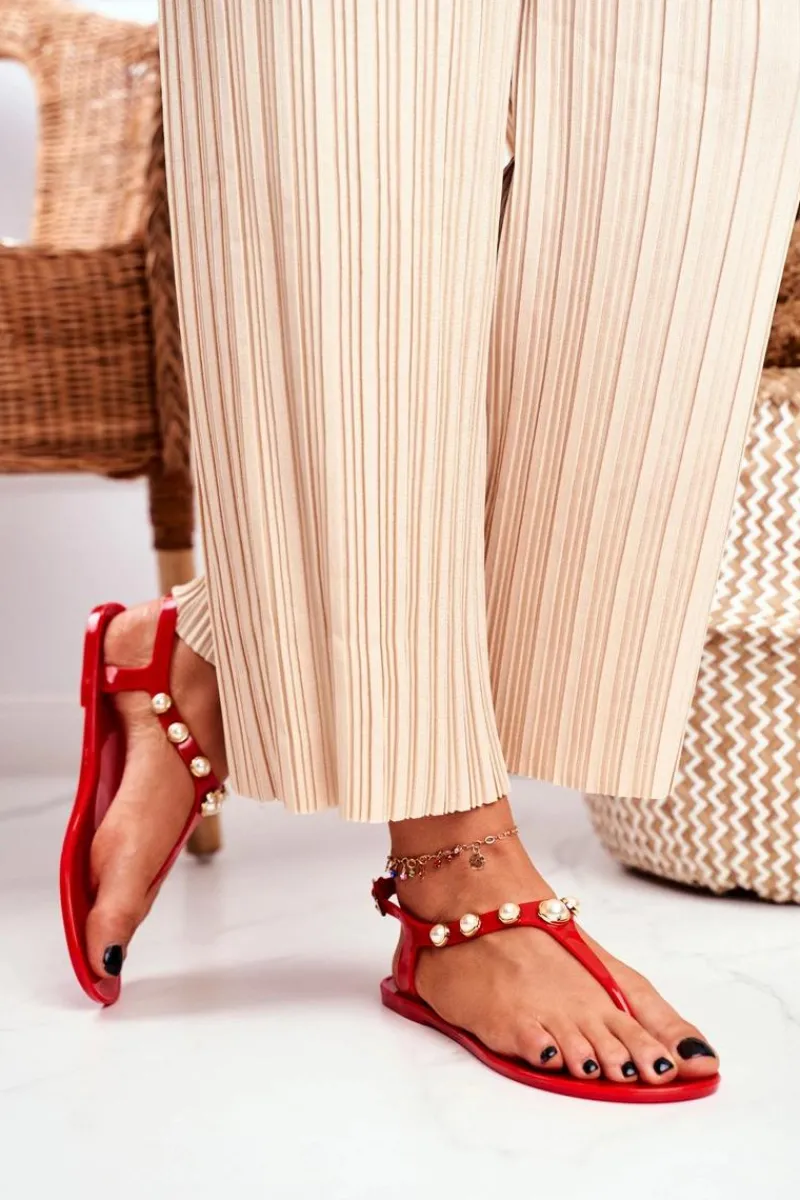 Best Damskie Gumowe Sandałki Czerwone Japonki Perełki Denise Damskie Sandały Gumowe|Sandały Płaskie