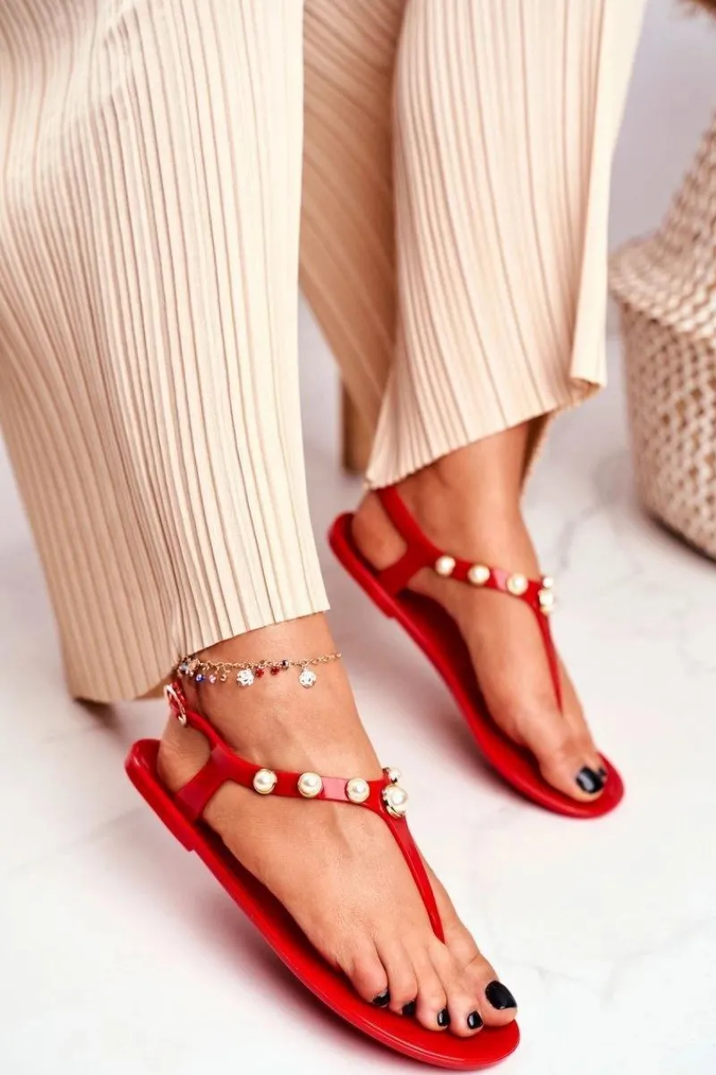 Best Damskie Gumowe Sandałki Czerwone Japonki Perełki Denise Damskie Sandały Gumowe|Sandały Płaskie