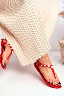 Best Damskie Gumowe Sandałki Czerwone Japonki Perełki Denise Damskie Sandały Gumowe|Sandały Płaskie