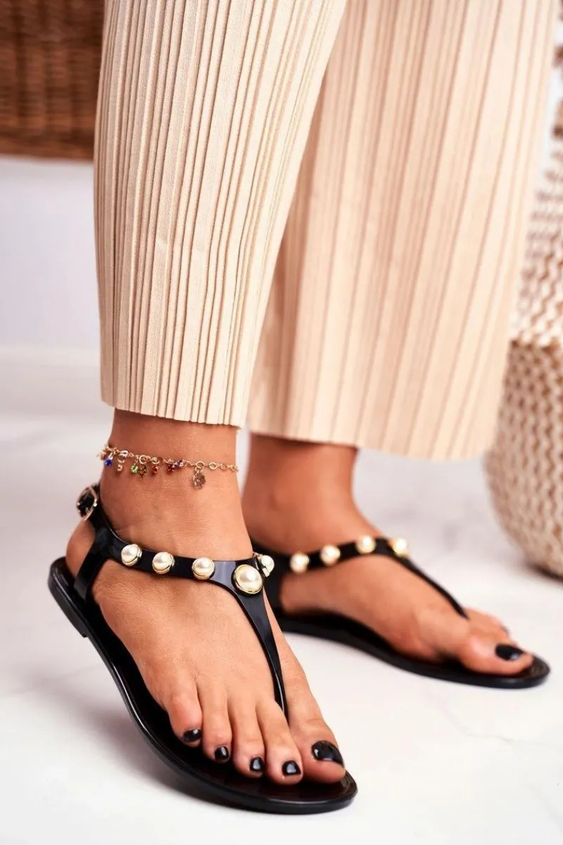 Best Boto Damskie Gumowe Sandałki Czarne Japonki Perełki Denise