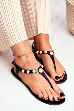 Best Boto Damskie Gumowe Sandałki Czarne Japonki Perełki Denise