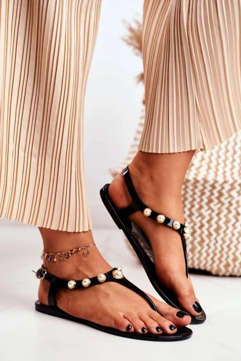 Best Boto Damskie Gumowe Sandałki Czarne Japonki Perełki Denise