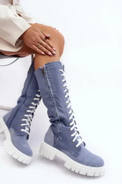 Damskie Jeansowe Ocieplane Kozaki Ze Sznurowaniem Niebieskie Cresanta Damskie Kozaki Wiosenne|Kozaki Płaskie
