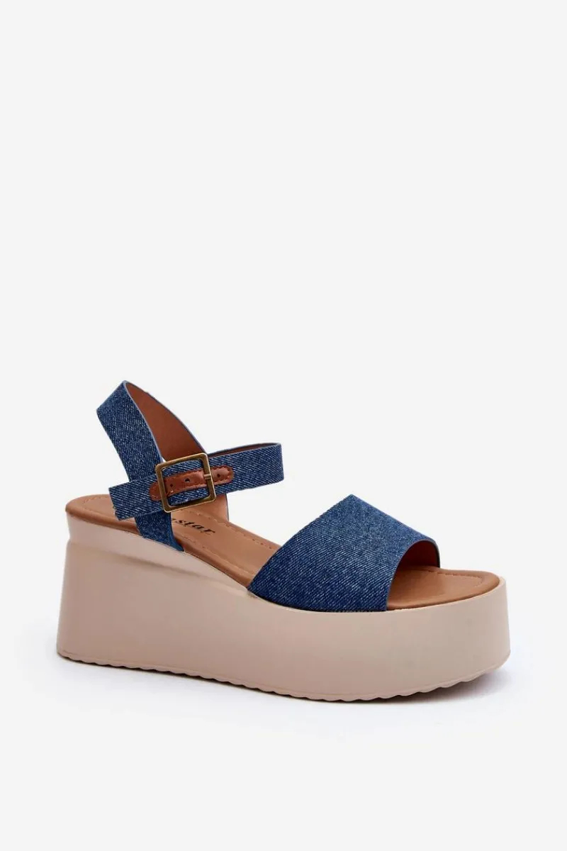 Damskie Jeansowe Sandały Na Koturnie Niebieskie Geferia Damskie Sandały Na Koturnie