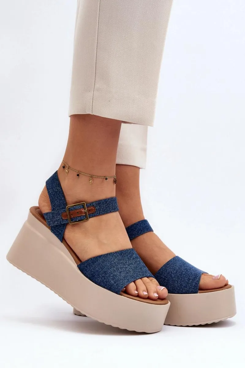 Damskie Jeansowe Sandały Na Koturnie Niebieskie Geferia Damskie Sandały Na Koturnie