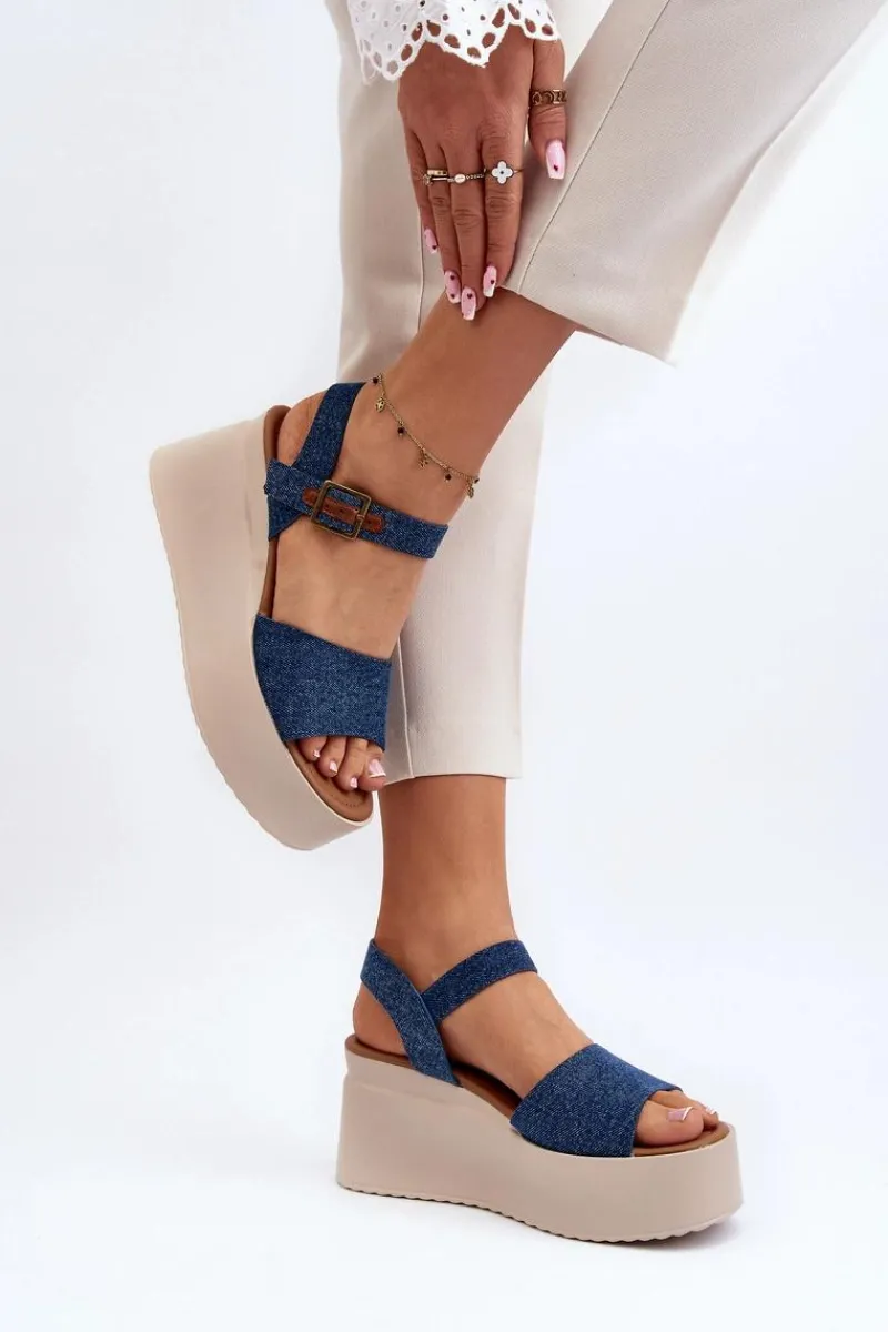 Damskie Jeansowe Sandały Na Koturnie Niebieskie Geferia Damskie Sandały Na Koturnie