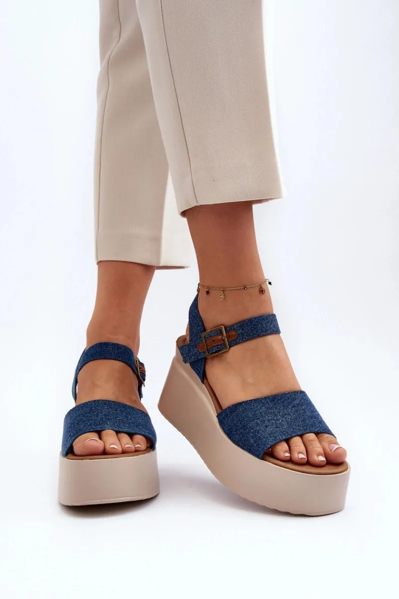 Damskie Jeansowe Sandały Na Koturnie Niebieskie Geferia Damskie Sandały Na Koturnie