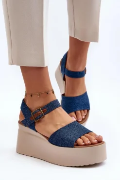 Damskie Jeansowe Sandały Na Koturnie Niebieskie Geferia Damskie Sandały Na Koturnie