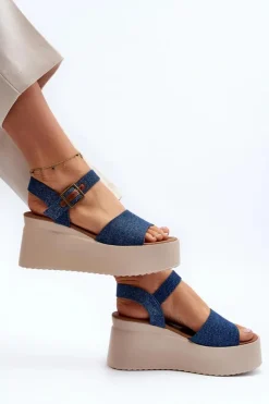 Damskie Jeansowe Sandały Na Koturnie Niebieskie Geferia Damskie Sandały Na Koturnie