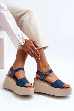 Damskie Jeansowe Sandały Na Koturnie Niebieskie Geferia Damskie Sandały Na Koturnie
