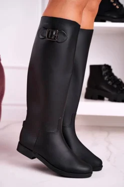 Sale Boto Damskie Kalosze Pod Kolano Czarne Oficerki Gumowe Eileen