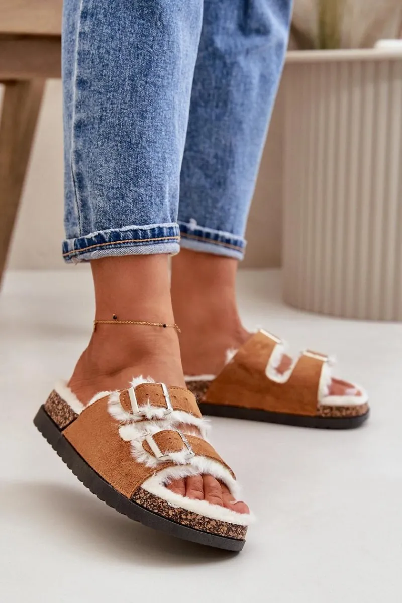 Kapcie Klasyczne>Boto Damskie Kapcie Klapki Z Klamrami I Futerkiem Camel Ezilena Brązowy