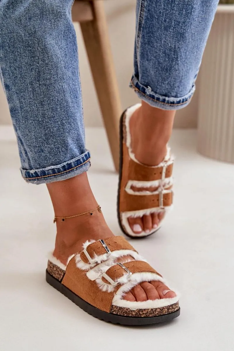 Kapcie Klasyczne>Boto Damskie Kapcie Klapki Z Klamrami I Futerkiem Camel Ezilena Brązowy