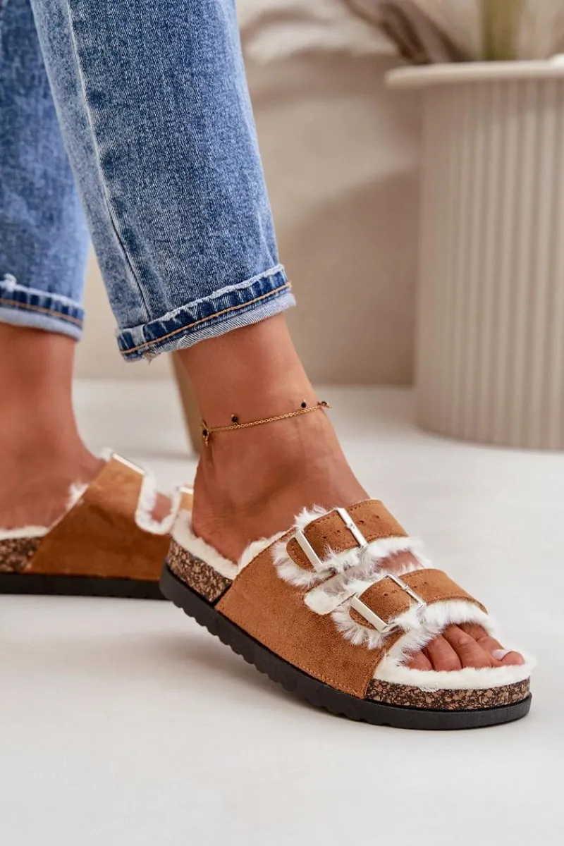 Kapcie Klasyczne>Boto Damskie Kapcie Klapki Z Klamrami I Futerkiem Camel Ezilena Brązowy