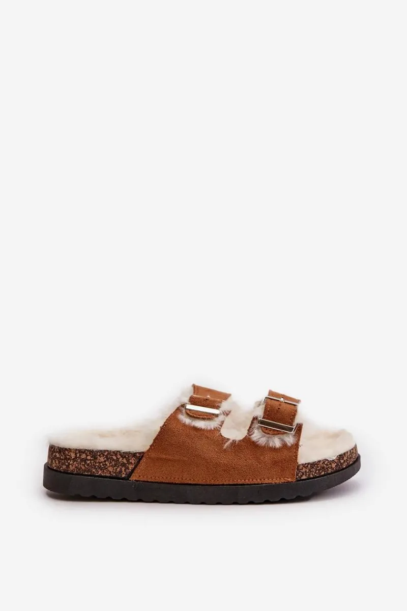 Kapcie Klasyczne>Boto Damskie Kapcie Klapki Z Klamrami I Futerkiem Camel Ezilena Brązowy