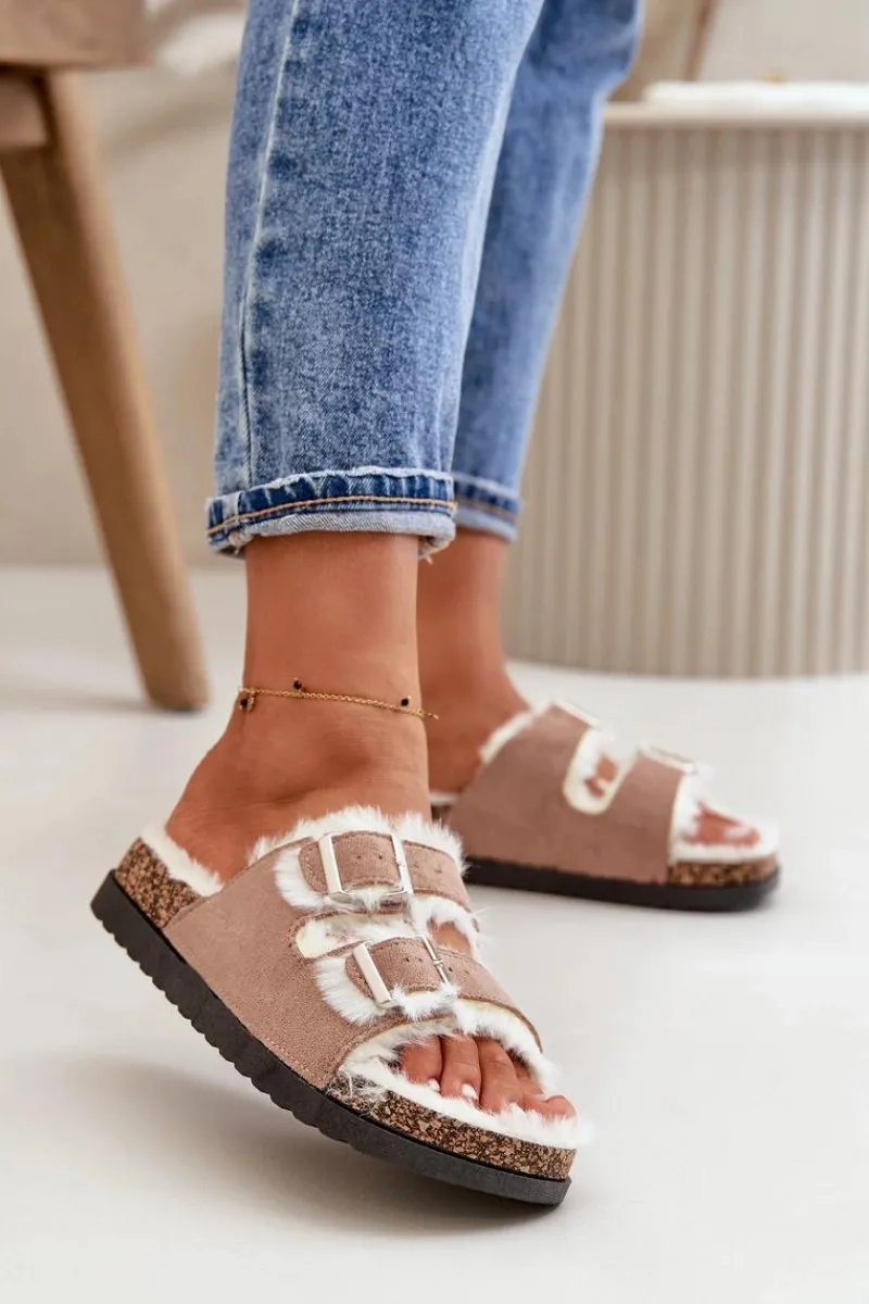 Kapcie Klasyczne>Boto Damskie Kapcie Klapki Z Klamrami I Futerkiem Beżowe Ezilena Beżowy