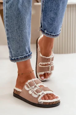 Kapcie Klasyczne>Boto Damskie Kapcie Klapki Z Klamrami I Futerkiem Beżowe Ezilena Beżowy