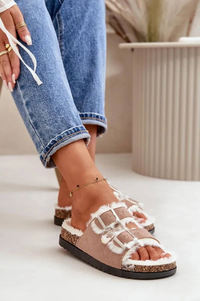 Kapcie Klasyczne>Boto Damskie Kapcie Klapki Z Klamrami I Futerkiem Beżowe Ezilena Beżowy