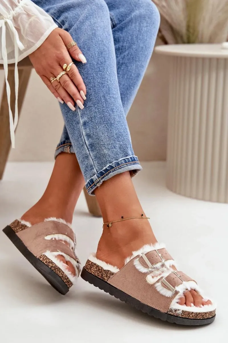 Kapcie Klasyczne>Boto Damskie Kapcie Klapki Z Klamrami I Futerkiem Beżowe Ezilena Beżowy