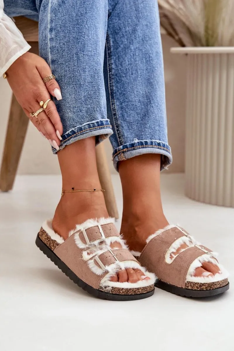 Kapcie Klasyczne>Boto Damskie Kapcie Klapki Z Klamrami I Futerkiem Beżowe Ezilena Beżowy