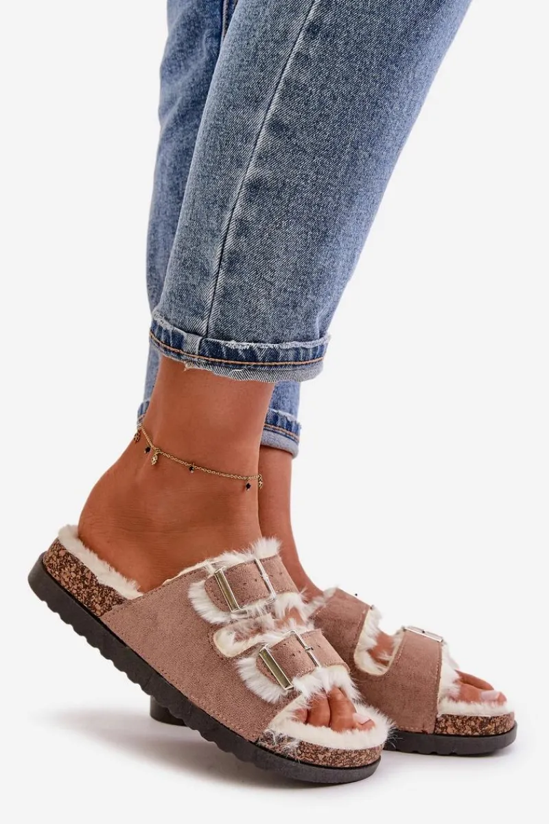 Kapcie Klasyczne>Boto Damskie Kapcie Klapki Z Klamrami I Futerkiem Beżowe Ezilena Beżowy