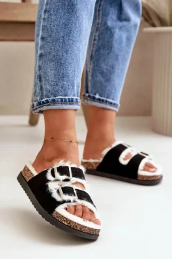 New Damskie Kapcie Klapki Z Klamrami I Futerkiem Czarne Ezilena Damskie Kapcie Klasyczne