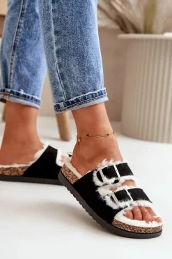 New Damskie Kapcie Klapki Z Klamrami I Futerkiem Czarne Ezilena Damskie Kapcie Klasyczne