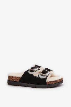 New Damskie Kapcie Klapki Z Klamrami I Futerkiem Czarne Ezilena Damskie Kapcie Klasyczne