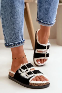 New Damskie Kapcie Klapki Z Klamrami I Futerkiem Czarne Ezilena Damskie Kapcie Klasyczne