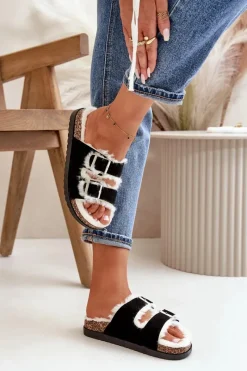 New Damskie Kapcie Klapki Z Klamrami I Futerkiem Czarne Ezilena Damskie Kapcie Klasyczne