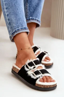 New Damskie Kapcie Klapki Z Klamrami I Futerkiem Czarne Ezilena Damskie Kapcie Klasyczne