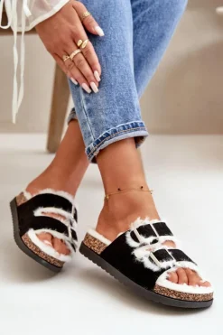 New Damskie Kapcie Klapki Z Klamrami I Futerkiem Czarne Ezilena Damskie Kapcie Klasyczne