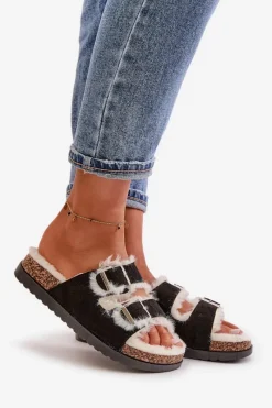 New Damskie Kapcie Klapki Z Klamrami I Futerkiem Czarne Ezilena Damskie Kapcie Klasyczne