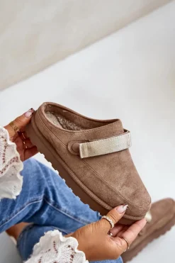 Boto Damskie Kapcie Ocieplane Futerkiem Na Platformie Brązowe Azida Brązowy