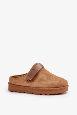 New Boto Damskie Kapcie Ocieplane Futerkiem Na Platformie Camel Azida Brązowy