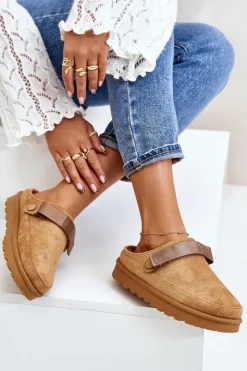 New Boto Damskie Kapcie Ocieplane Futerkiem Na Platformie Camel Azida Brązowy