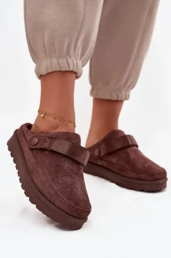 Discount Boto Damskie Kapcie Ocieplane Futerkiem Na Platformie Czekoladowe Azida Brązowy