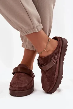 Discount Boto Damskie Kapcie Ocieplane Futerkiem Na Platformie Czekoladowe Azida Brązowy