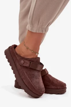 Discount Boto Damskie Kapcie Ocieplane Futerkiem Na Platformie Czekoladowe Azida Brązowy