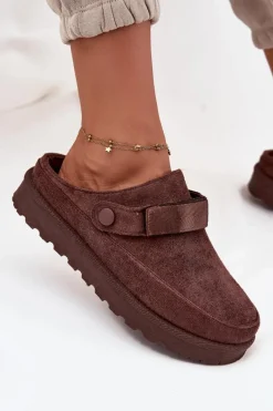 Discount Boto Damskie Kapcie Ocieplane Futerkiem Na Platformie Czekoladowe Azida Brązowy