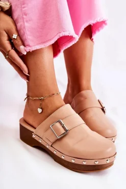 Klapki Damskie Klasyczne>Boto Damskie Klapki Chodaki Na Obcasie Beżowe Ivette