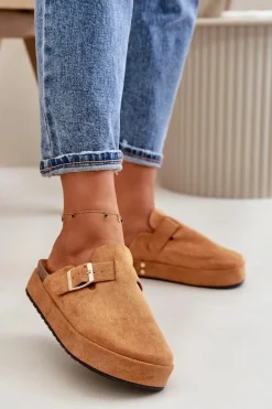 Discount Boto Damskie Klapki Chodaki Na Platformie Ze Złotą Klamrą Camel Terilaina Brązowy