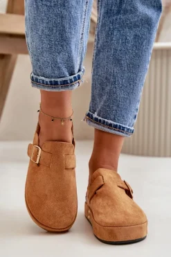 Discount Boto Damskie Klapki Chodaki Na Platformie Ze Złotą Klamrą Camel Terilaina Brązowy
